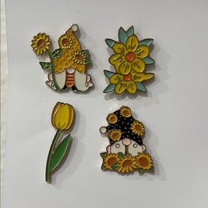 Set of 4 Enamel Pins: Gnomes & Flowers